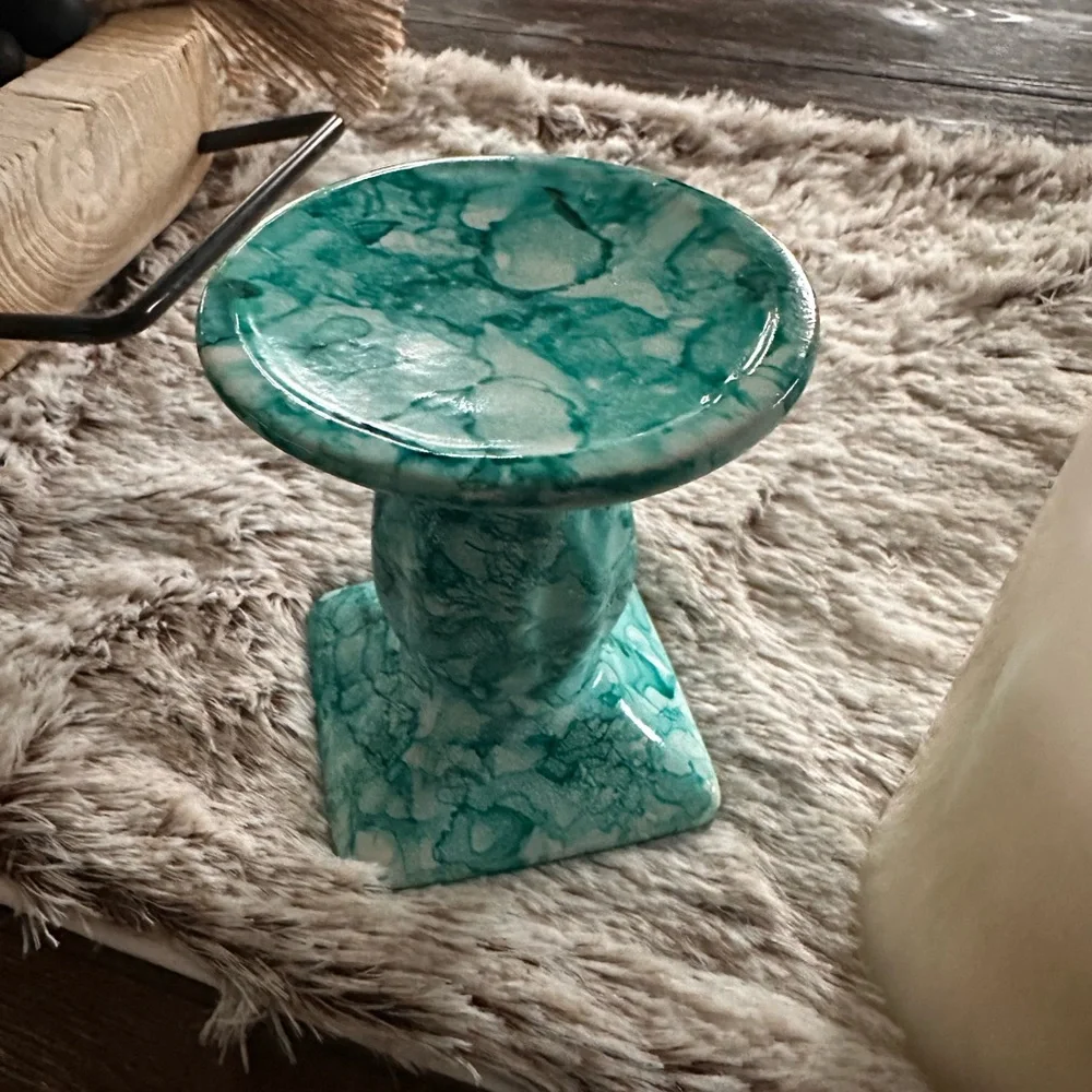 Hand made artisan marble look shades of blue ceramic pillar candle holder